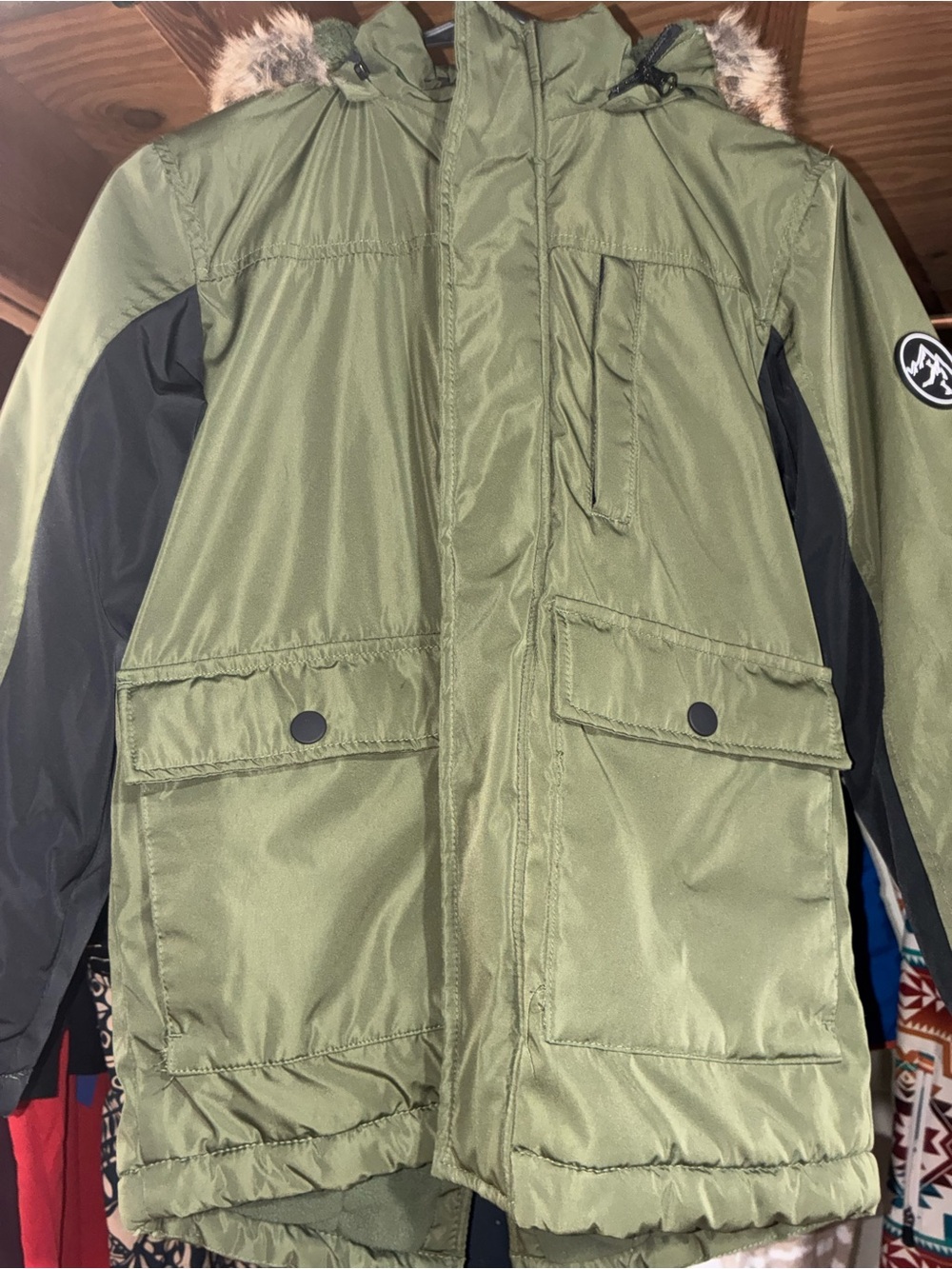 Kids Hooded Olive Green Field Jacket with Faux-Fur Trim
